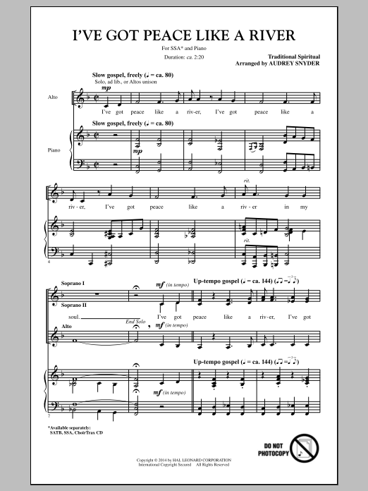 Audrey Snyder I've Got Peace Like A River sheet music notes and chords arranged for SSA Choir