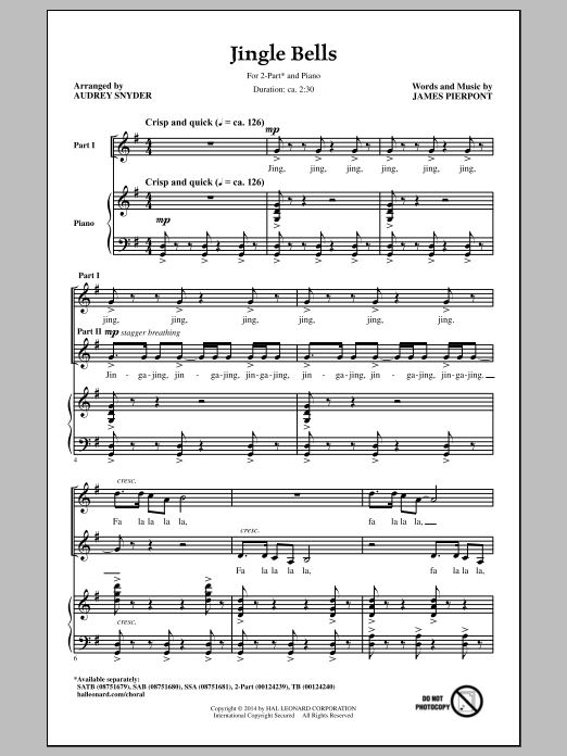 Audrey Snyder Jingle Bells sheet music notes and chords arranged for TB Choir