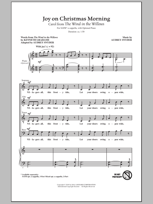 Audrey Snyder Joy On Christmas Morning (Carol from The Wind In The Willows) sheet music notes and chords arranged for SATB Choir