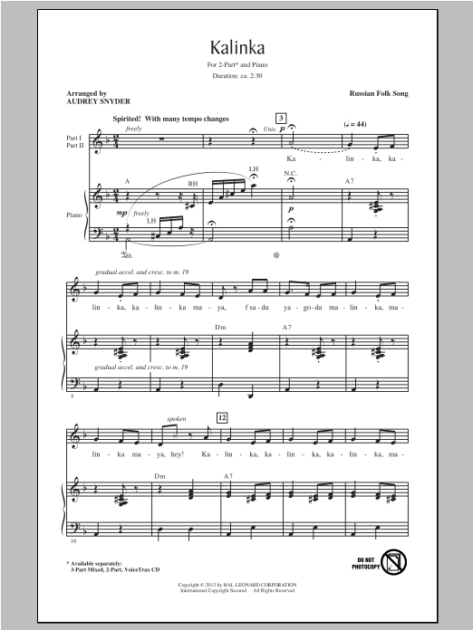Audrey Snyder Kalinka (Little Snowball Bush) sheet music notes and chords arranged for 3-Part Mixed Choir
