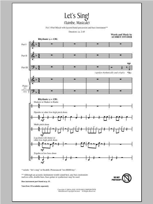 Audrey Snyder Let's Sing (Tuimbe, Masicule) sheet music notes and chords arranged for 3-Part Mixed Choir