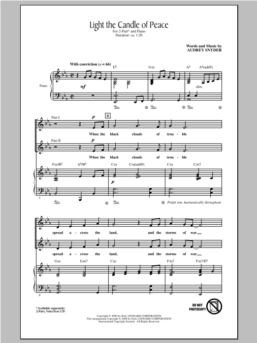 Audrey Snyder Light The Candle Of Peace sheet music notes and chords arranged for 2-Part Choir