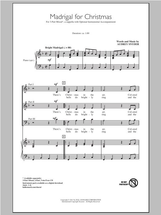 Audrey Snyder Madrigal For Christmas sheet music notes and chords arranged for 3-Part Mixed Choir