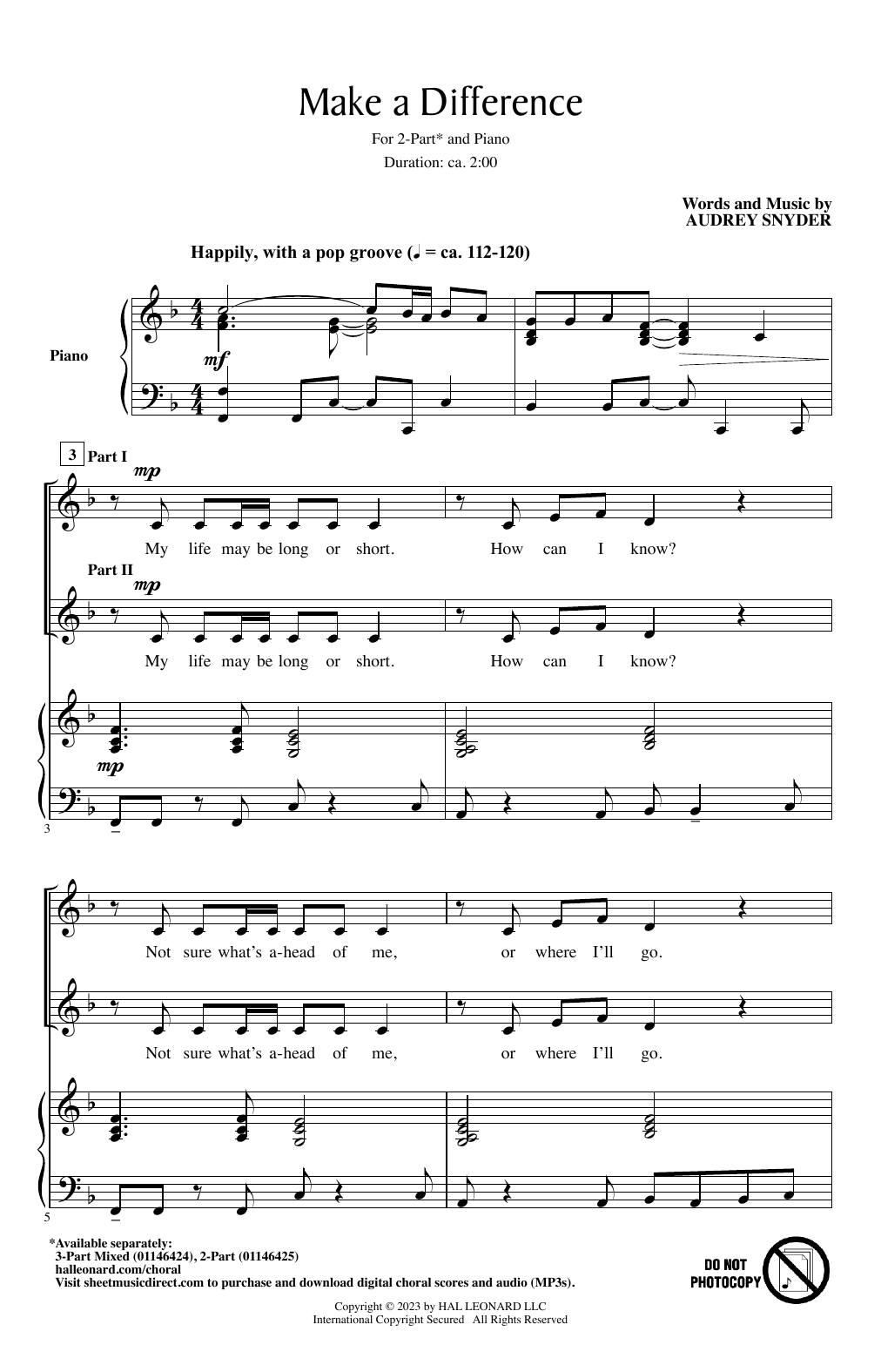 Audrey Snyder Make A Difference sheet music notes and chords arranged for 3-Part Mixed Choir