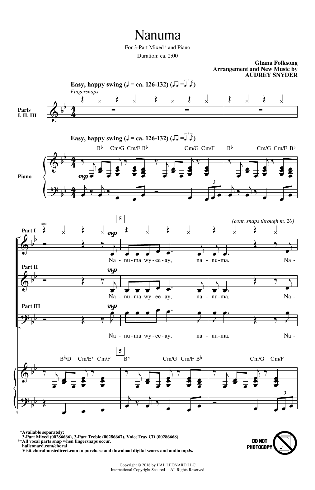 Audrey Snyder Nanuma sheet music notes and chords arranged for 3-Part Treble Choir