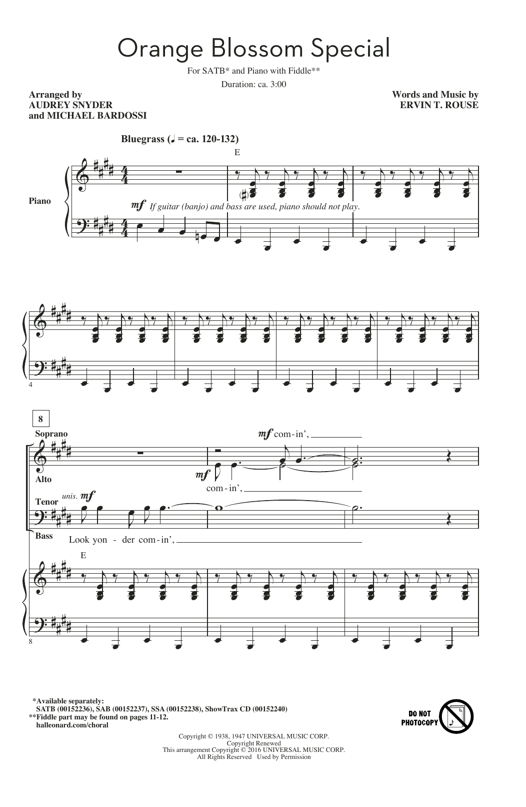 Audrey Snyder Orange Blossom Special sheet music notes and chords arranged for SAB Choir