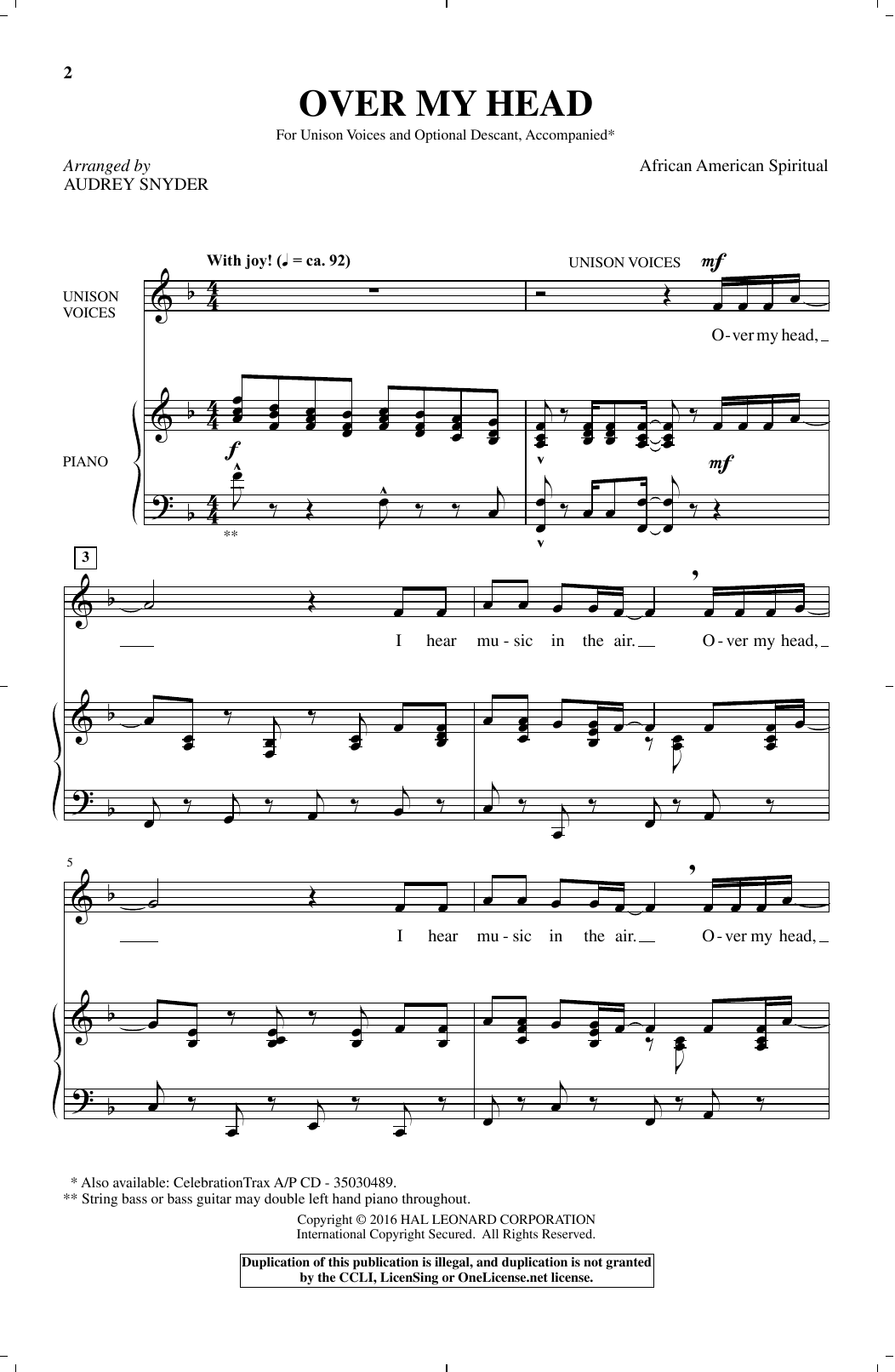 Audrey Snyder Over My Head sheet music notes and chords arranged for Unison Choir