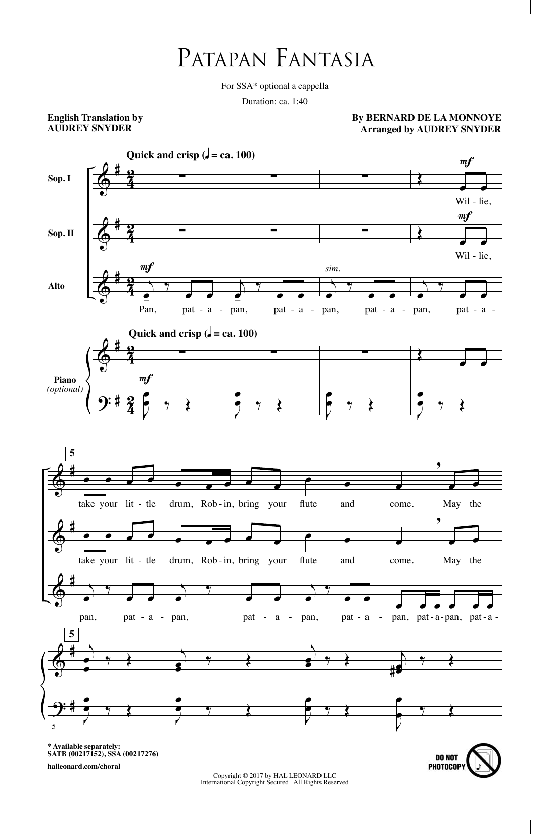 Audrey Snyder Patapan Fantasia sheet music notes and chords arranged for SSA Choir