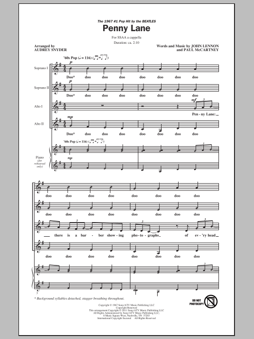 Audrey Snyder Penny Lane sheet music notes and chords arranged for SSA Choir