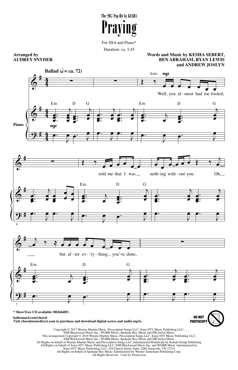 Audrey Snyder Praying sheet music notes and chords arranged for SSA Choir
