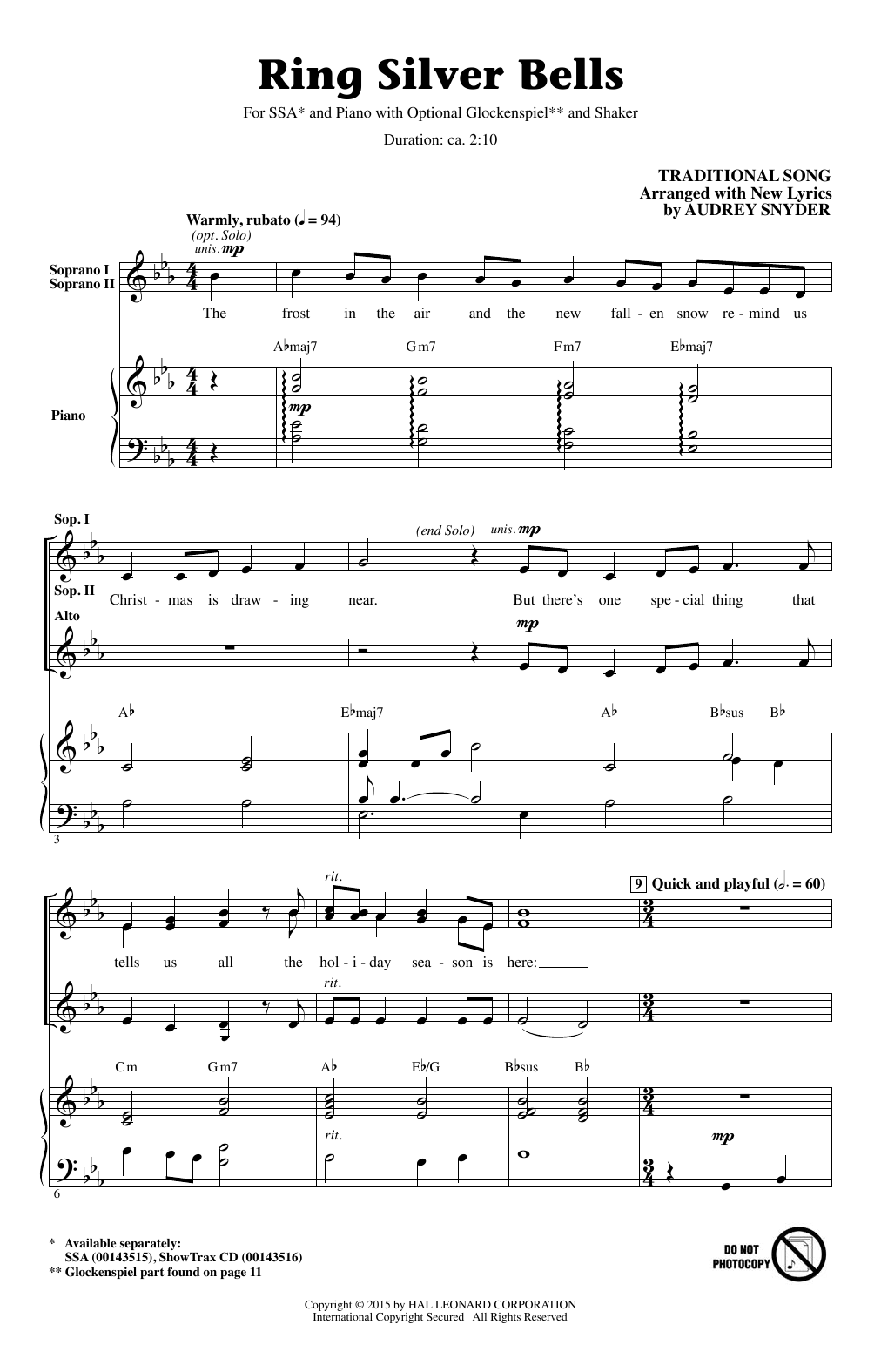 Audrey Snyder Ring Silver Bells sheet music notes and chords arranged for SSA Choir