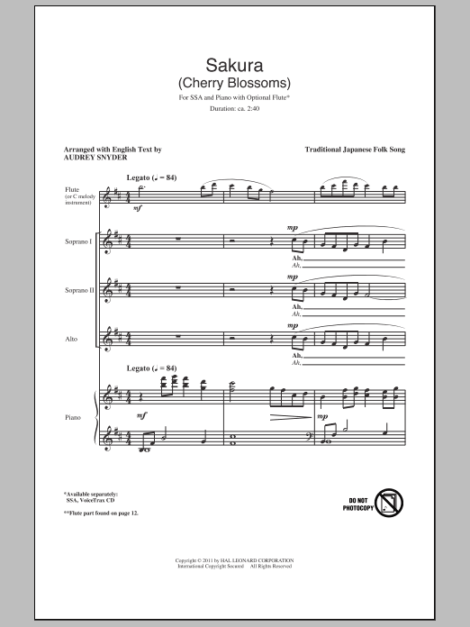 Audrey Snyder Sakura (Cherry Blossoms) sheet music notes and chords arranged for SSA Choir