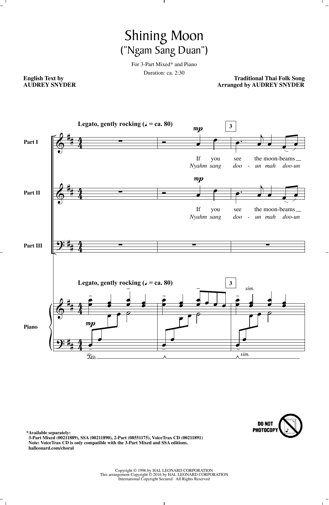 Audrey Snyder Shining Moon (Ngam Sang Duan) sheet music notes and chords arranged for 3-Part Mixed Choir