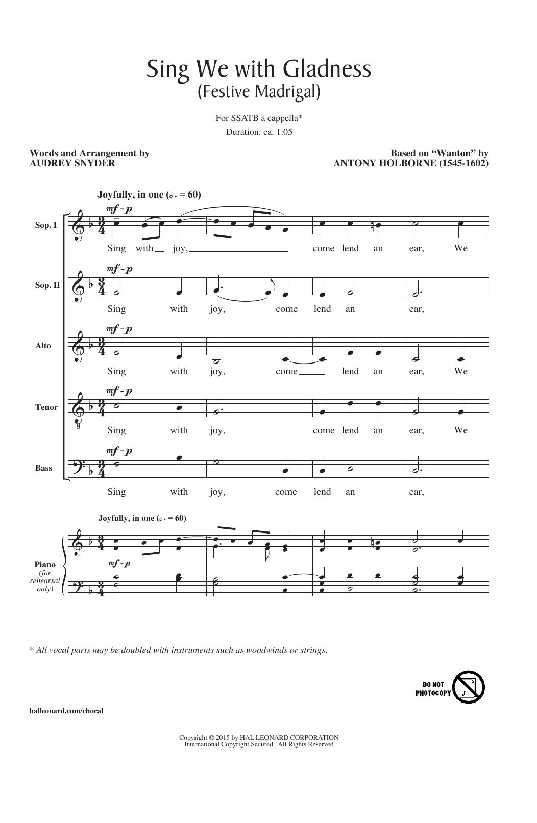 Audrey Snyder Sing We With Gladness (Festive Madrigal) sheet music notes and chords arranged for SATB Choir