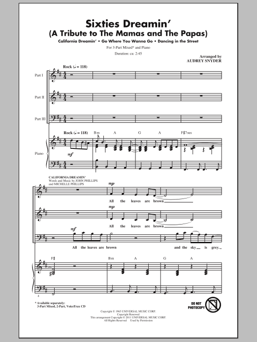 Audrey Snyder Sixties Dreamin' (A Tribute to The Mamas And The Papas) sheet music notes and chords arranged for 2-Part Choir