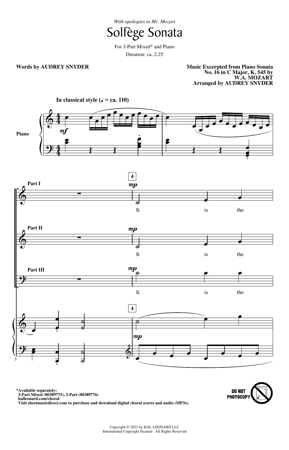 Audrey Snyder Solfege Sonata sheet music notes and chords arranged for 3-Part Mixed Choir