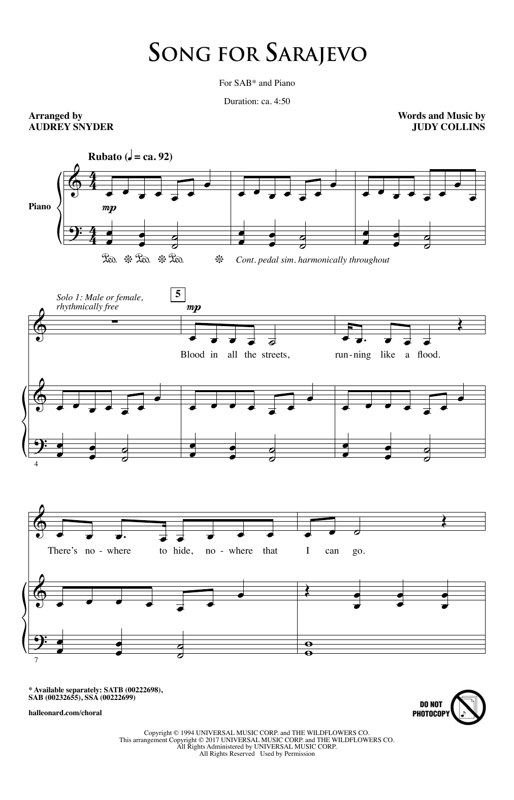 Audrey Snyder Song For Sarajevo sheet music notes and chords arranged for SSA Choir