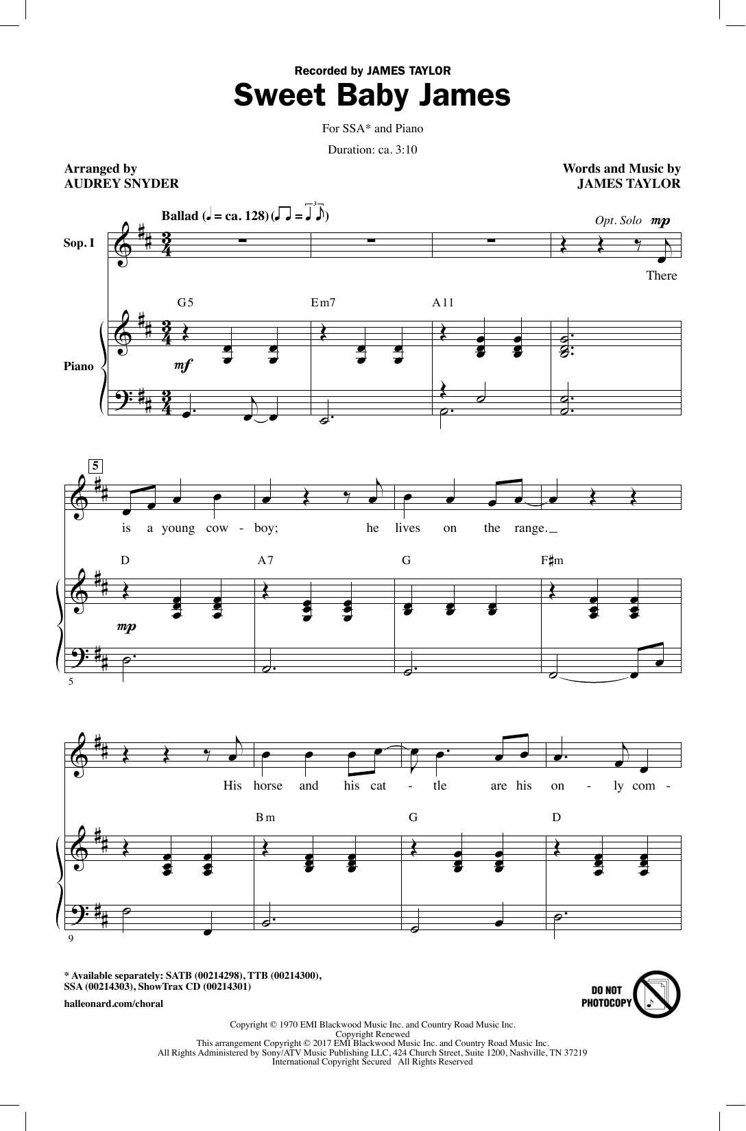 Audrey Snyder Sweet Baby James sheet music notes and chords arranged for SATB Choir