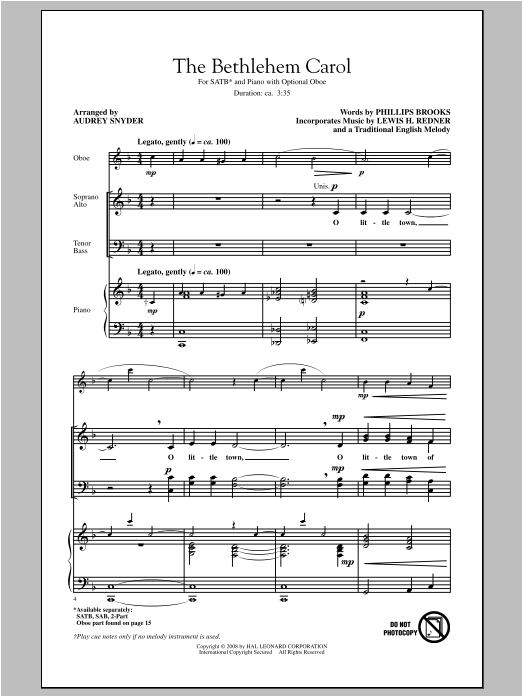 Audrey Snyder The Bethlehem Carol sheet music notes and chords arranged for SAB Choir