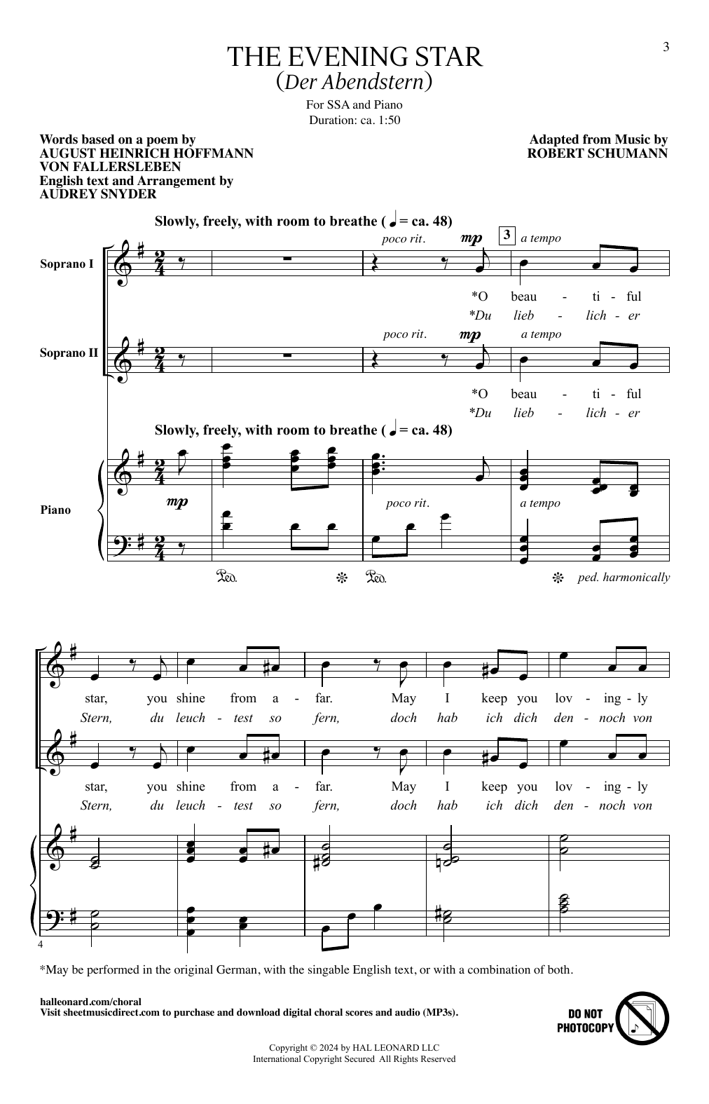 Audrey Snyder The Evening Star (Der Abendstern) sheet music notes and chords arranged for SSA Choir