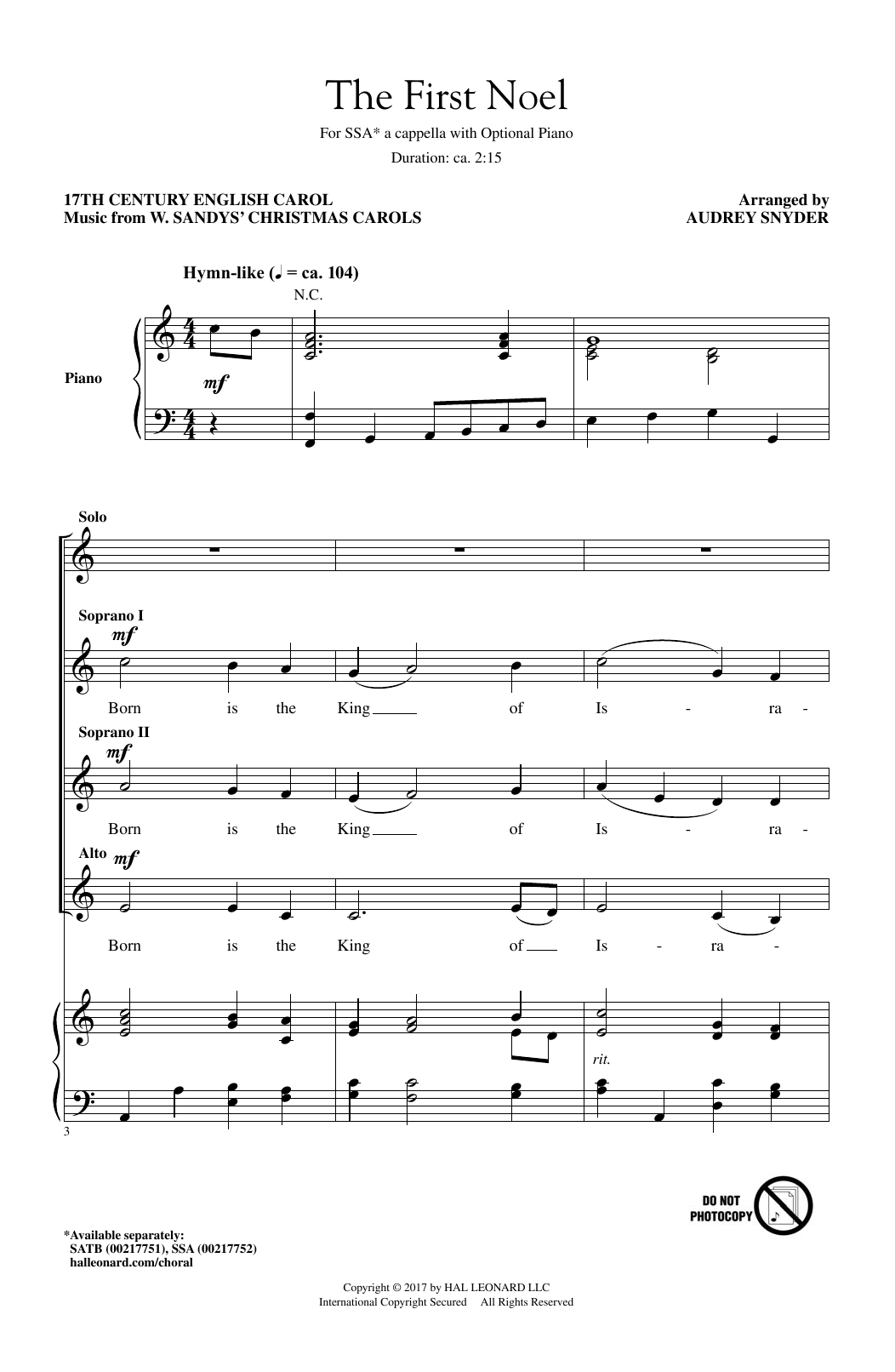 Audrey Snyder The First Noel sheet music notes and chords arranged for SSA Choir