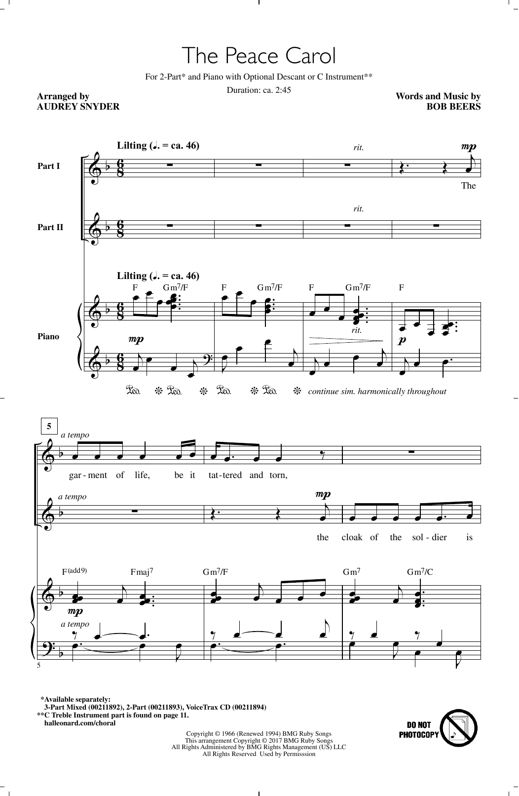 Audrey Snyder The Peace Carol sheet music notes and chords arranged for 2-Part Choir