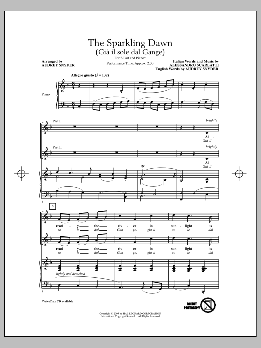 Audrey Snyder The Sparkling Dawn (Gia Il Sole Dal Gange) sheet music notes and chords arranged for 2-Part Choir