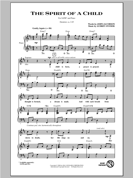 Audrey Snyder The Spirit Of A Child sheet music notes and chords arranged for SSA Choir