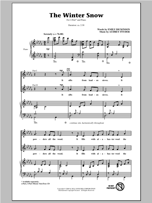 Audrey Snyder The Winter Snow sheet music notes and chords arranged for 2-Part Choir