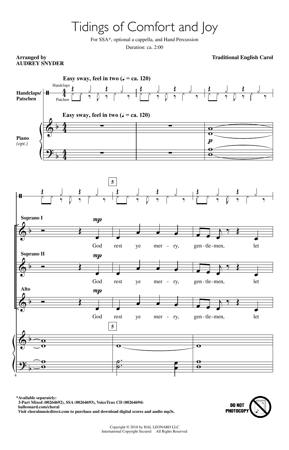 Audrey Snyder Tidings Of Comfort And Joy sheet music notes and chords arranged for SSA Choir