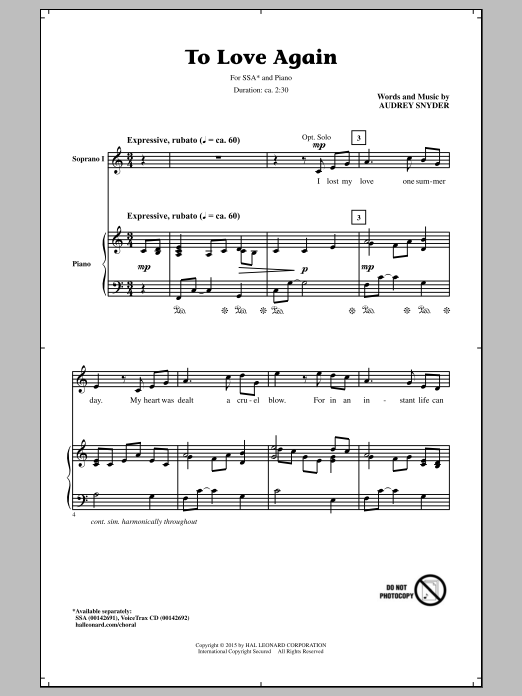 Audrey Snyder To Love Again sheet music notes and chords arranged for SSA Choir