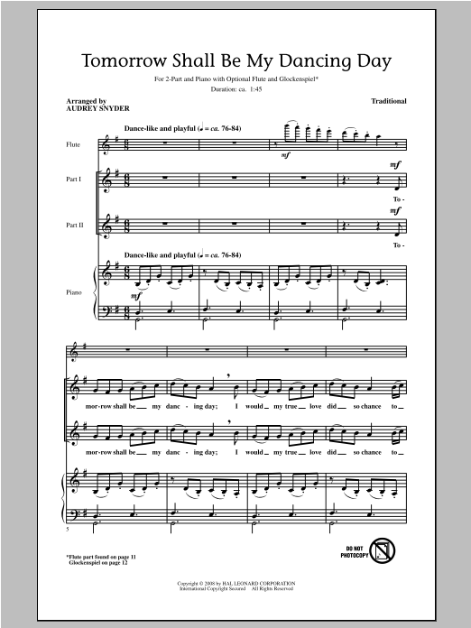 Audrey Snyder Tomorrow Shall Be My Dancing Day sheet music notes and chords arranged for 2-Part Choir