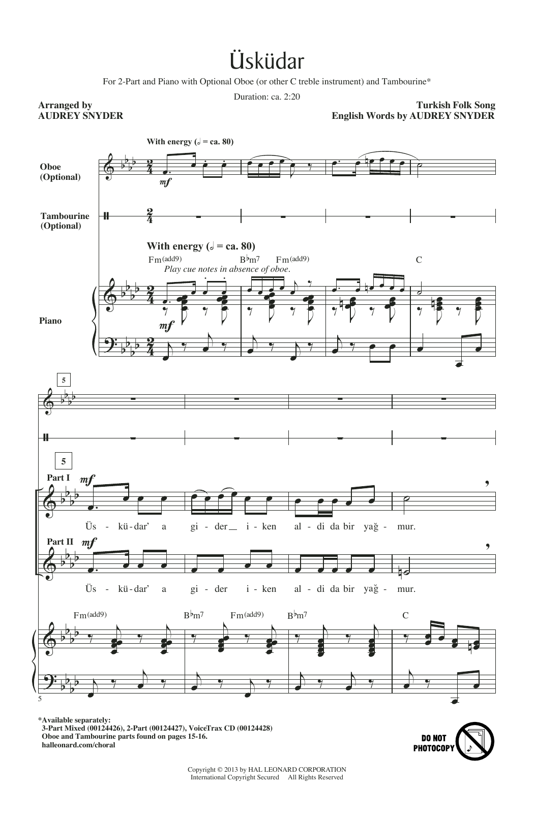 Audrey Snyder Uskudar sheet music notes and chords arranged for 2-Part Choir