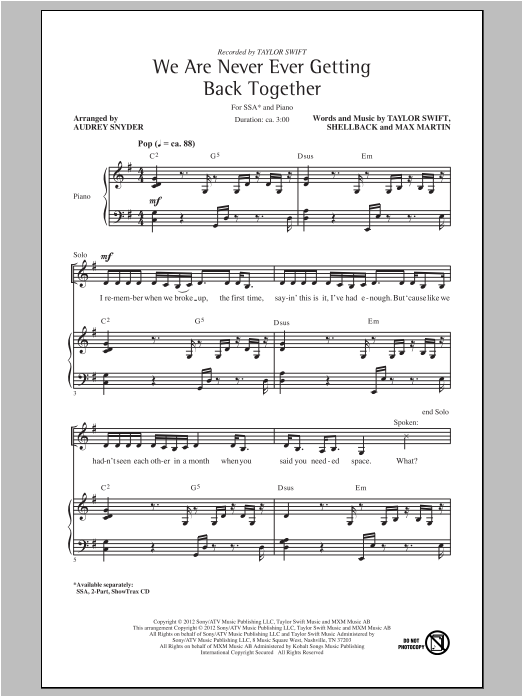 Audrey Snyder We Are Never Ever Getting Back Together sheet music notes and chords arranged for 2-Part Choir
