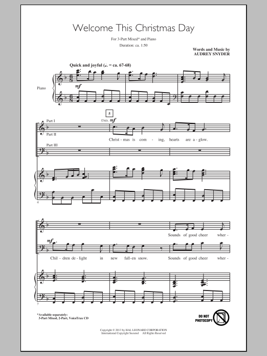 Audrey Snyder Welcome This Christmas Day sheet music notes and chords arranged for 2-Part Choir