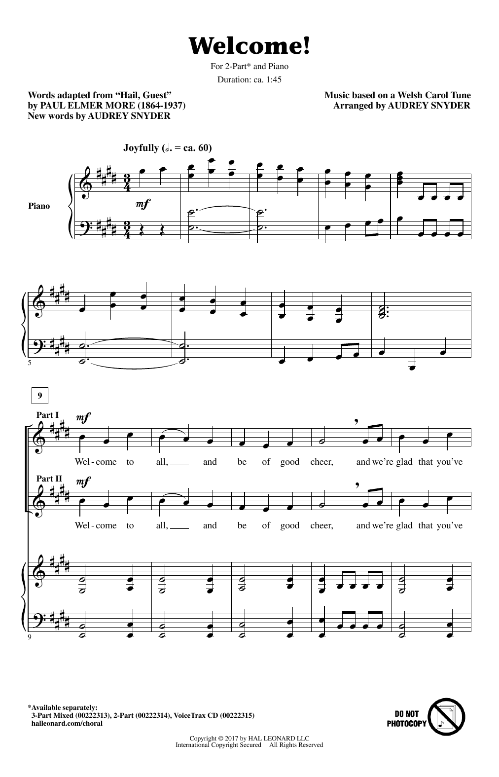 Audrey Snyder Welcome! sheet music notes and chords arranged for 2-Part Choir
