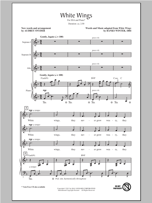 Audrey Snyder White Wings sheet music notes and chords arranged for SSA Choir