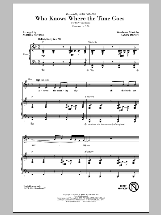 Audrey Snyder Who Knows Where The Time Goes sheet music notes and chords arranged for SATB Choir