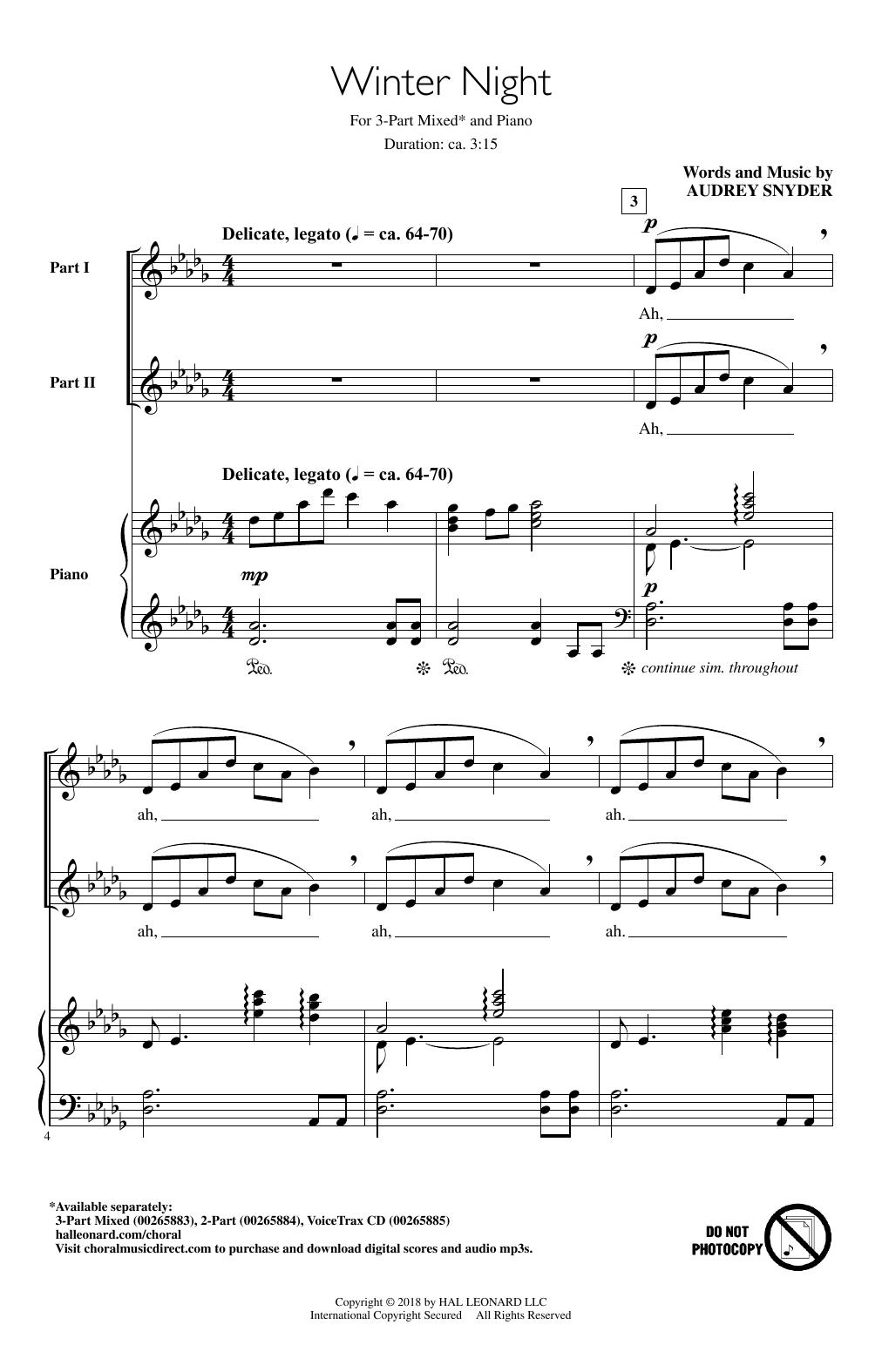 Audrey Snyder Winter Night sheet music notes and chords arranged for 3-Part Mixed Choir