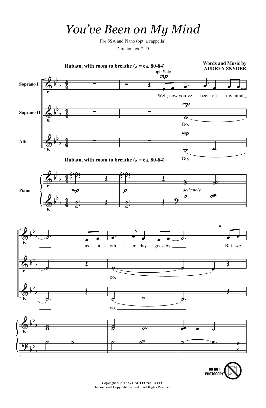 Audrey Snyder You've Been On My Mind sheet music notes and chords arranged for SSA Choir