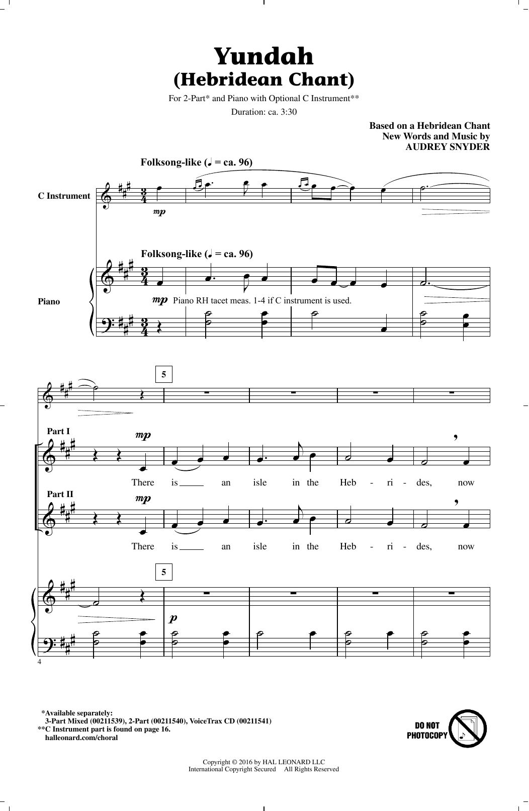 Audrey Snyder Yundah (Hebridean Chant) sheet music notes and chords arranged for 3-Part Mixed Choir