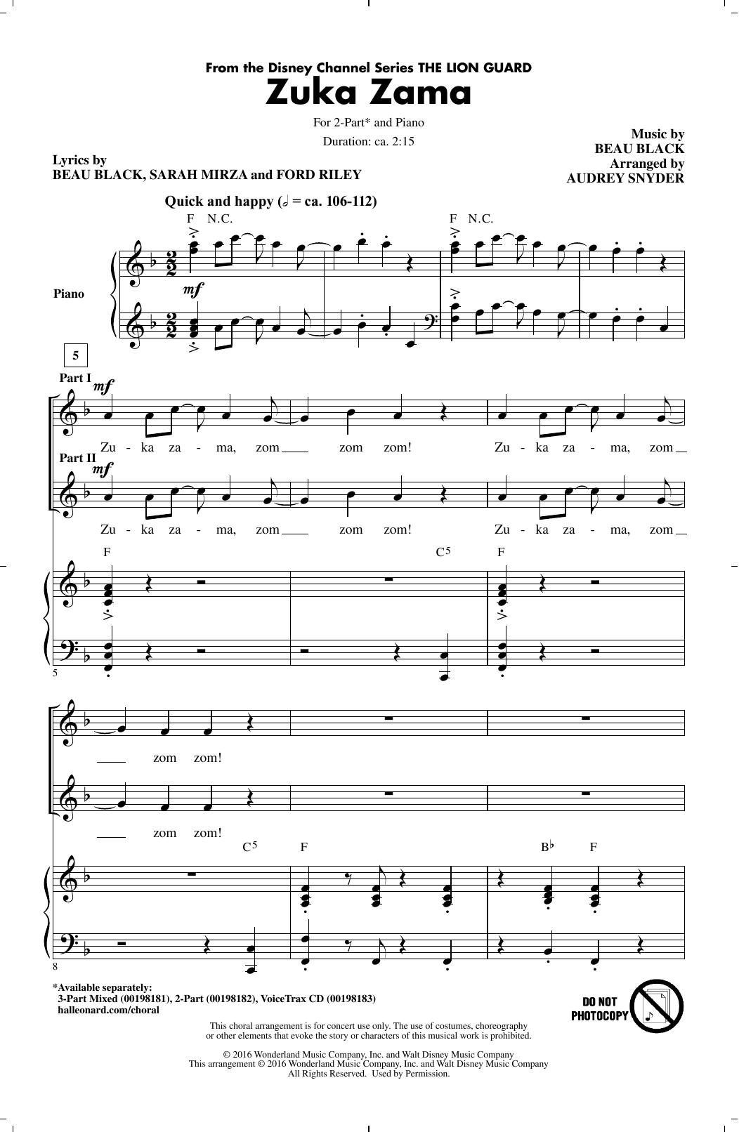 Audrey Snyder Zuka Zama sheet music notes and chords arranged for 3-Part Mixed Choir