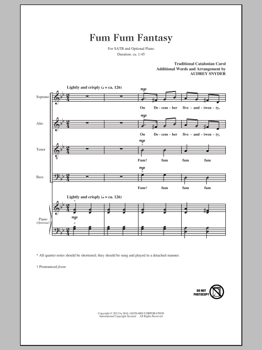 Audrey Snyder Fum, Fum, Fum sheet music notes and chords arranged for SATB Choir