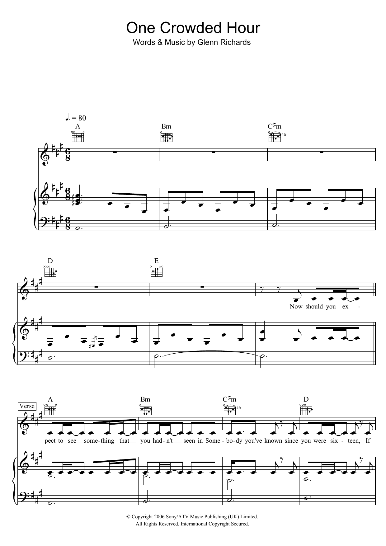 Augie March One Crowded Hour sheet music notes and chords arranged for Piano, Vocal & Guitar Chords
