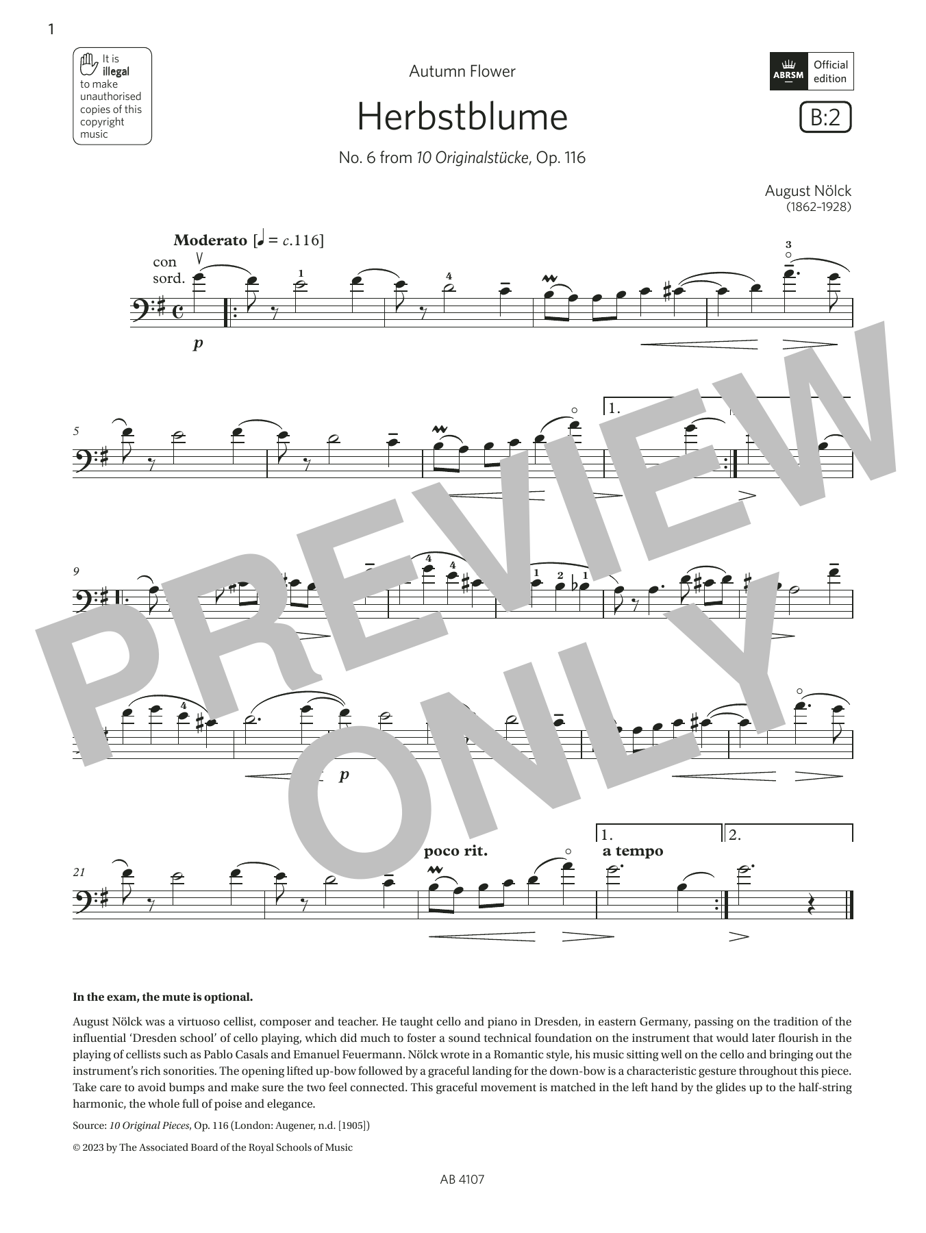 August Nölck Herbstblume (Grade 4, B2, from the ABRSM Cello Syllabus from 2024) sheet music notes and chords arranged for Cello Solo