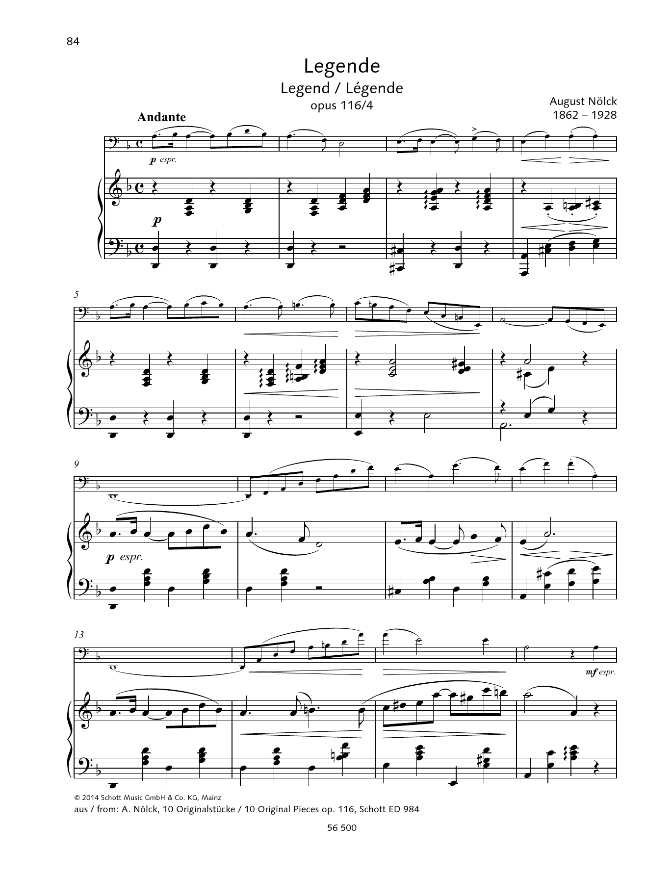 August Nölck Legende sheet music notes and chords arranged for String Solo