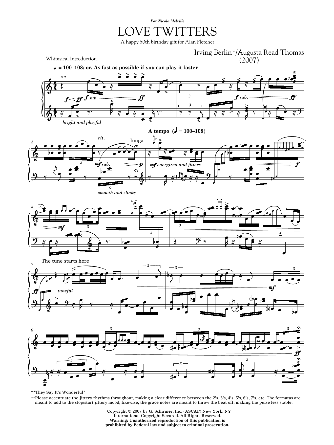 Augusta Read Thomas Love Twitters sheet music notes and chords arranged for Piano Solo