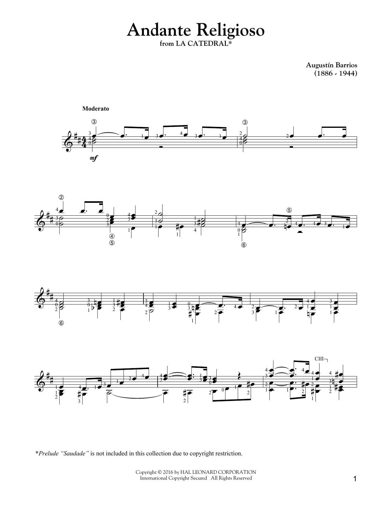 Augustin Barrios Mangore Andante Religioso sheet music notes and chords arranged for Solo Guitar