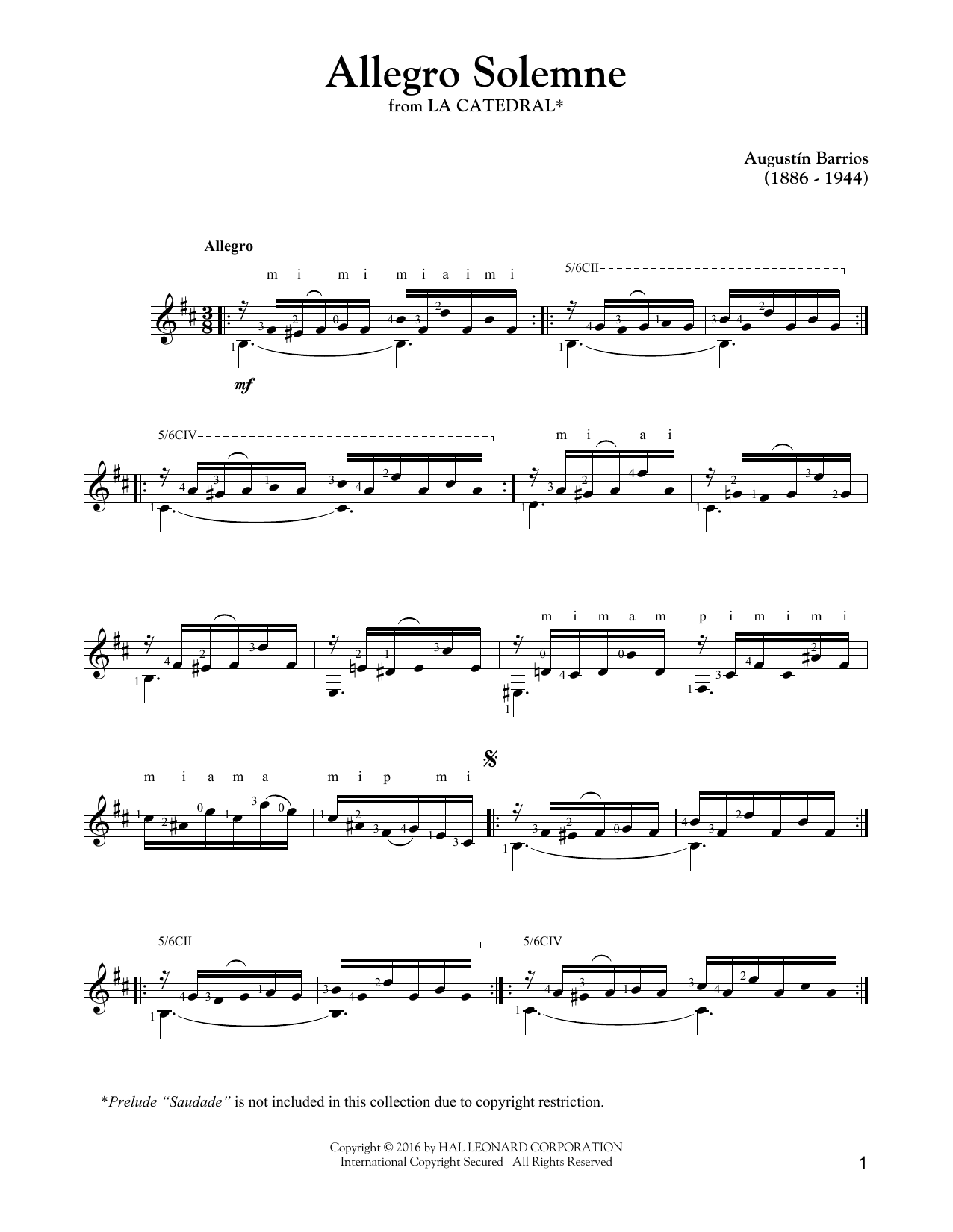 Augustin Barrios Mangore Allegro Solemne sheet music notes and chords arranged for Solo Guitar