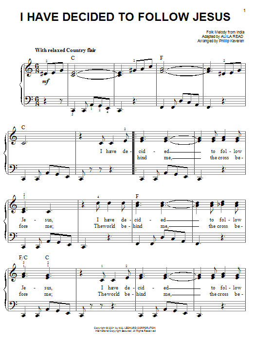 Auila Read I Have Decided To Follow Jesus (arr. Phillip Keveren) sheet music notes and chords arranged for Easy Piano
